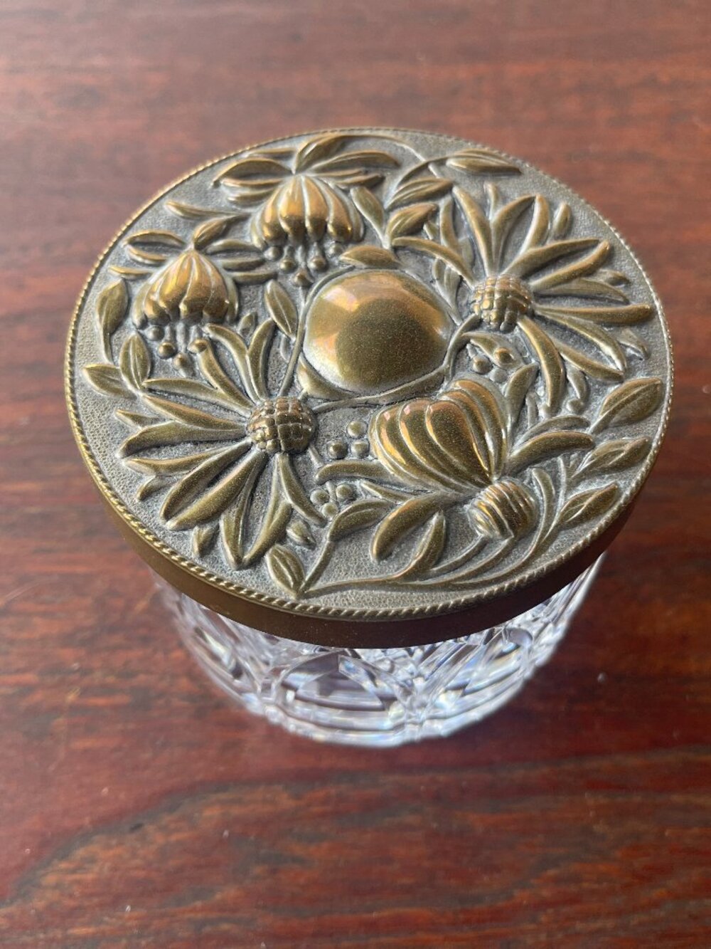 Antique Art Nouveau Flower Brass Cover & Cut Glass Vanity Dresser Jar